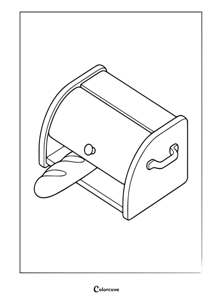 A simple line art coloring page featuring a wooden bread box with a baguette peeking out from the open lid.