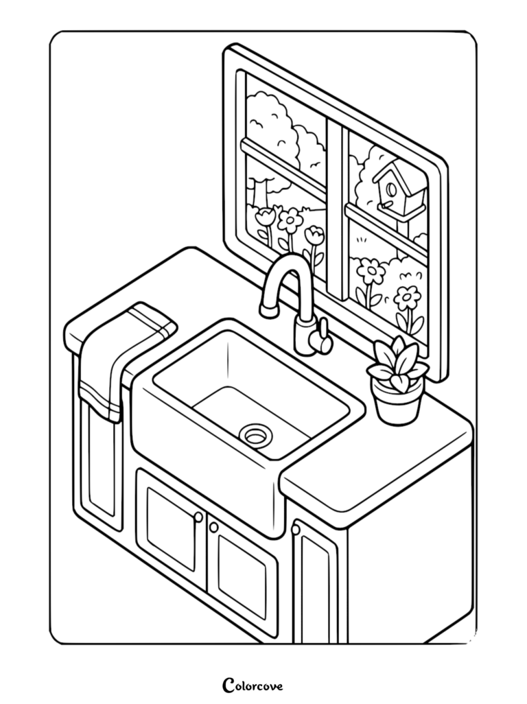 Isometric view of a farmhouse kitchen sink with a towel, potted plant, and a window view of a garden with a birdhouse in this printable coloring page.