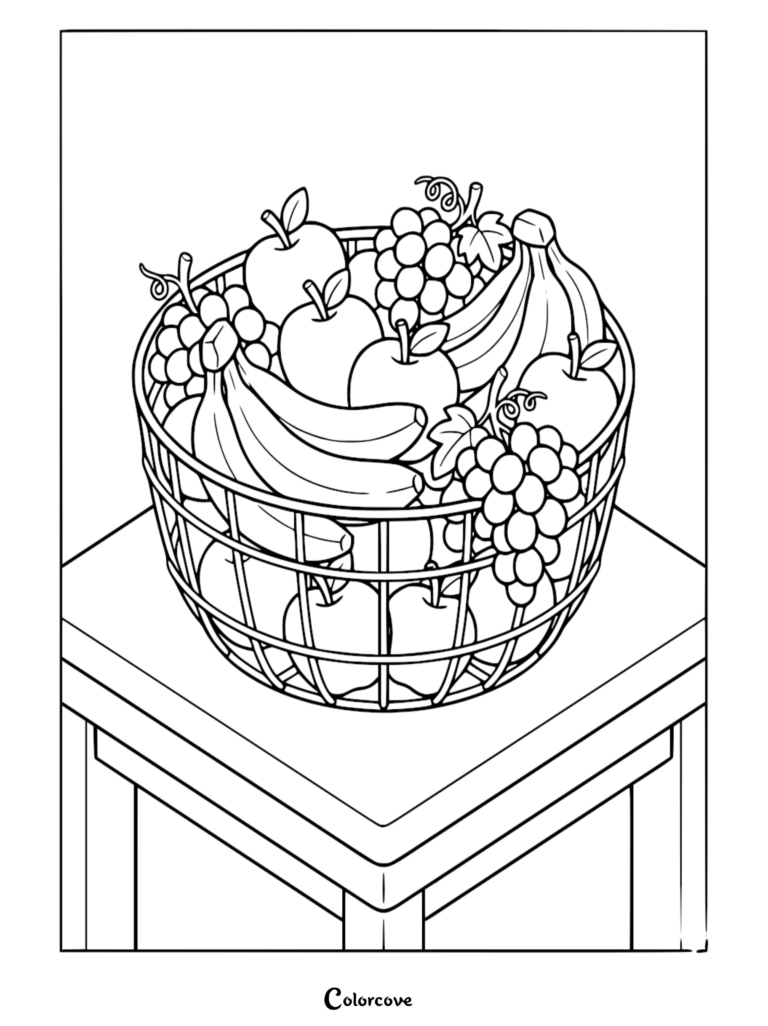 A printable coloring page featuring a wire basket filled with apples, bananas, and grapes sitting on a kitchen table.