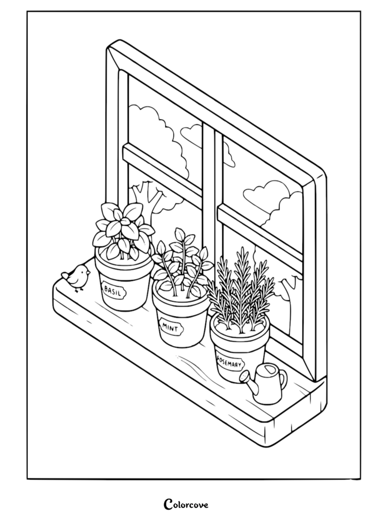 A cozy kitchen window sill coloring page featuring potted basil, mint, and rosemary plants with a small bird and watering can.
