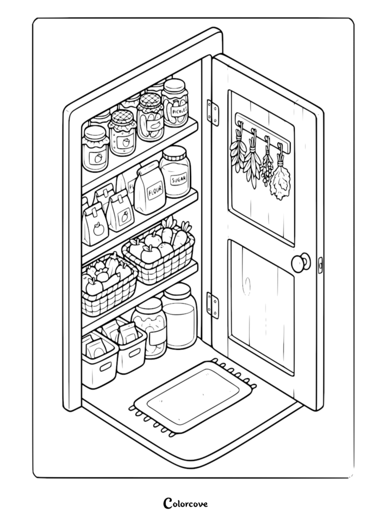 A detailed coloring page of an open kitchen pantry featuring shelves stocked with jars of pickles, bags of flour and sugar, baskets of fresh vegetables, and dried herbs hanging on the door.
