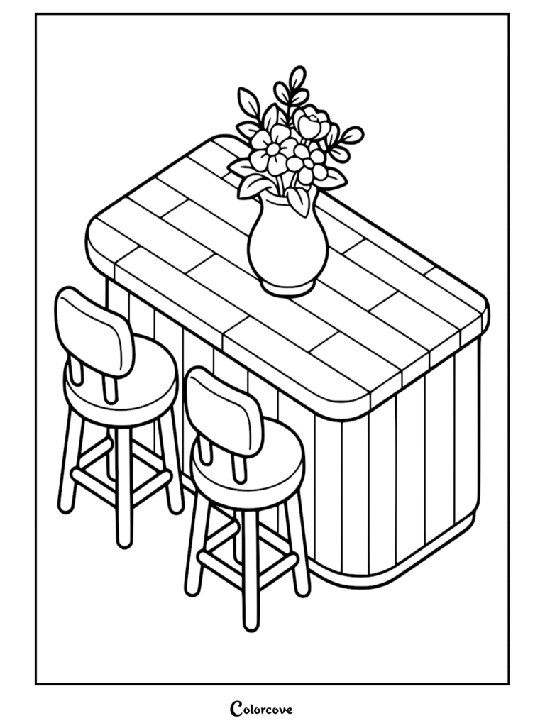 Isometric view of a wooden kitchen island with two stools and a vase of flowers on top, presented as a clean line art coloring page.