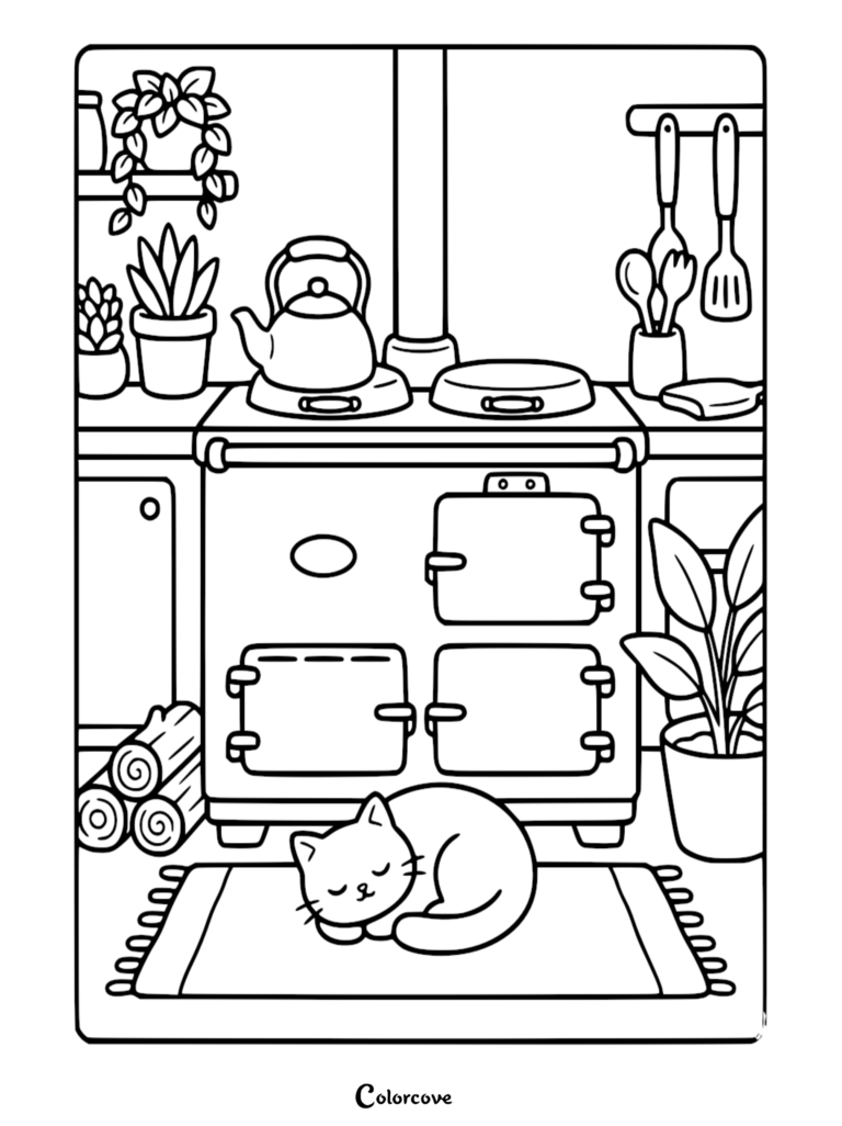 A cat sleeping on a rug in front of a vintage stove in a cozy kitchen coloring page with potted plants and hanging utensils.