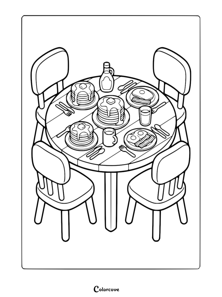 A cozy kitchen breakfast table coloring page featuring three stacks of pancakes, plates of eggs and bacon, syrup, and four chairs.