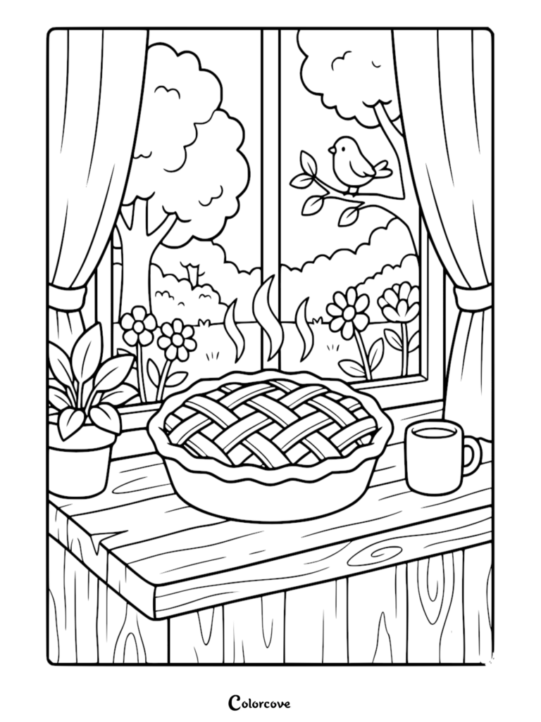 A steaming lattice-crust pie sits on a wooden windowsill next to a mug and potted plant, with a bird perched on a tree branch outside the window in this printable coloring page.