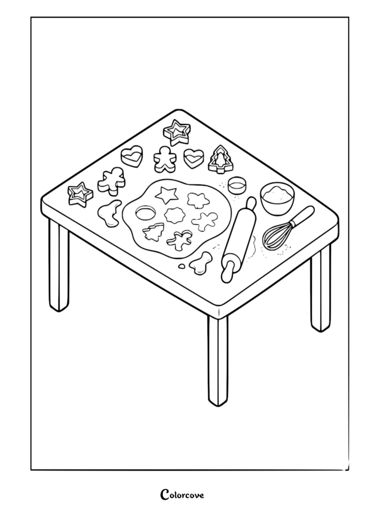 A cozy kitchen coloring page featuring a table with rolled dough, various metal cookie cutters, a rolling pin, and a whisk.