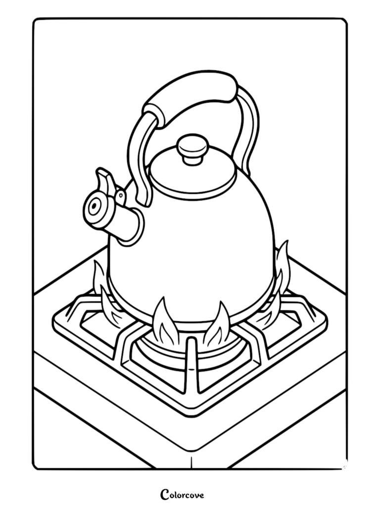 A line art coloring page of a classic whistling tea kettle heating up on a gas stove burner with visible flames.