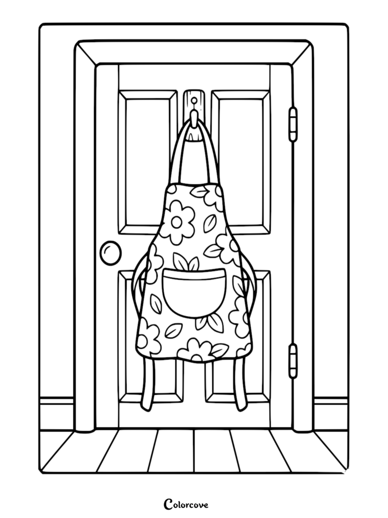A floral print apron with a front pocket hanging on a hook on a paneled wooden door, line art coloring page.