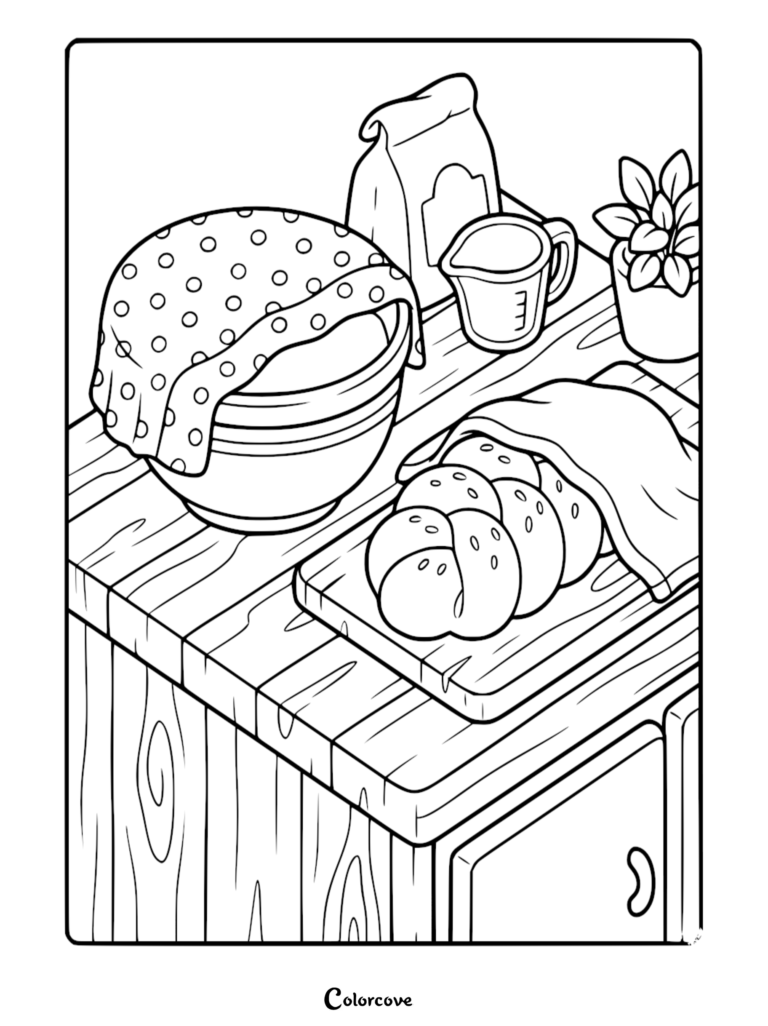 A cozy kitchen coloring page featuring a polka-dot covered mixing bowl, a bag of flour, a measuring cup, and a braided loaf of bread on a wooden counter.