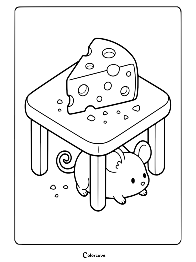 A cute cartoon mouse hiding under a small wooden table topped with a large wedge of Swiss cheese, coloring page style line art.