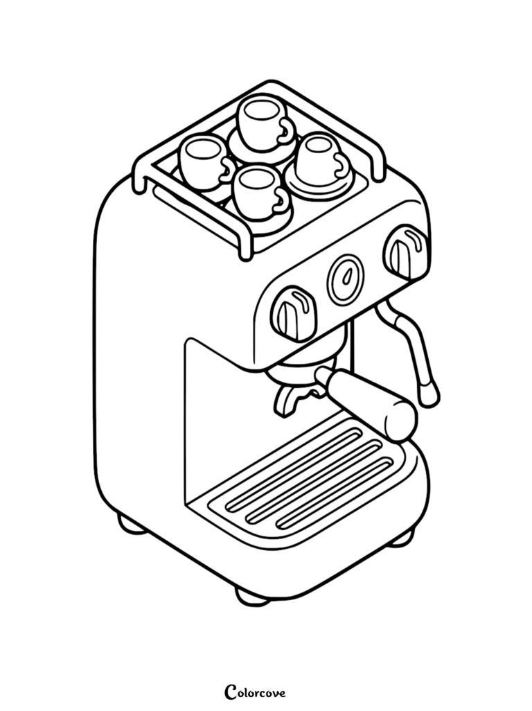 Isometric line art coloring page of a vintage-style espresso machine with four small coffee cups warming on the top rack.