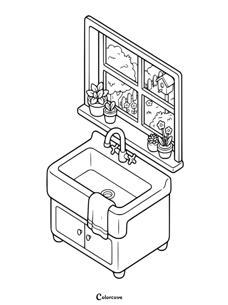 Isometric kitchen sink coloring page featuring a window view of a garden with a birdhouse, potted plants on the sill, and a towel draped over the basin.