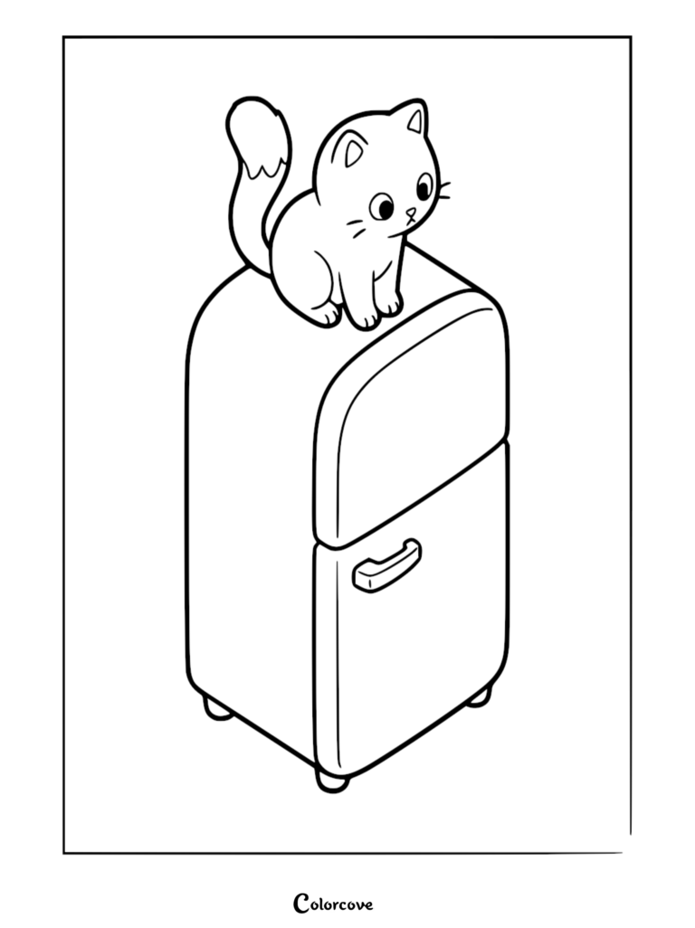 A cute kitten sitting on top of a retro-style kitchen refrigerator in this simple line art coloring page.