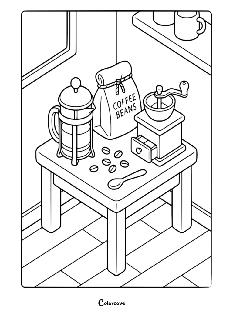 A cozy kitchen coloring page featuring a French press, a bag of coffee beans, and a manual hand grinder on a wooden table.
