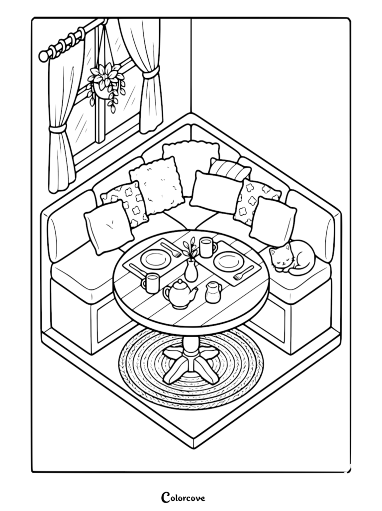 A cozy kitchen nook coloring page featuring a circular table, corner bench seating with plush pillows, a sleeping cat, and a window with hanging plants.