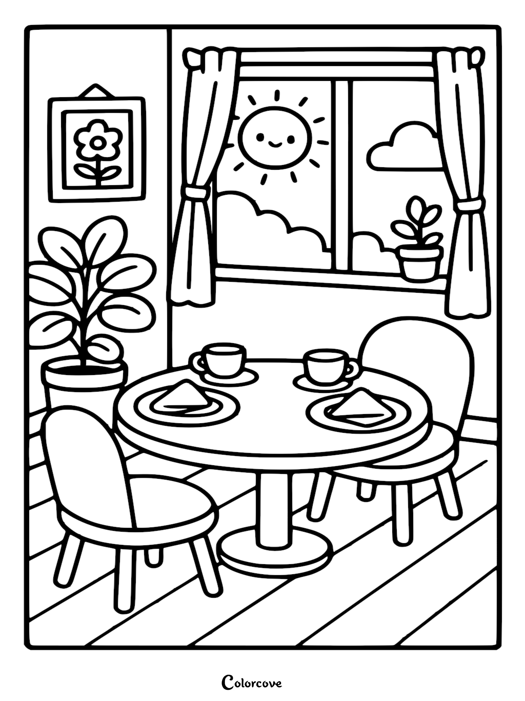 A cozy kitchen coloring page featuring a round table set for two with cups and napkins, a large potted plant, and a sunny window with a smiling sun.