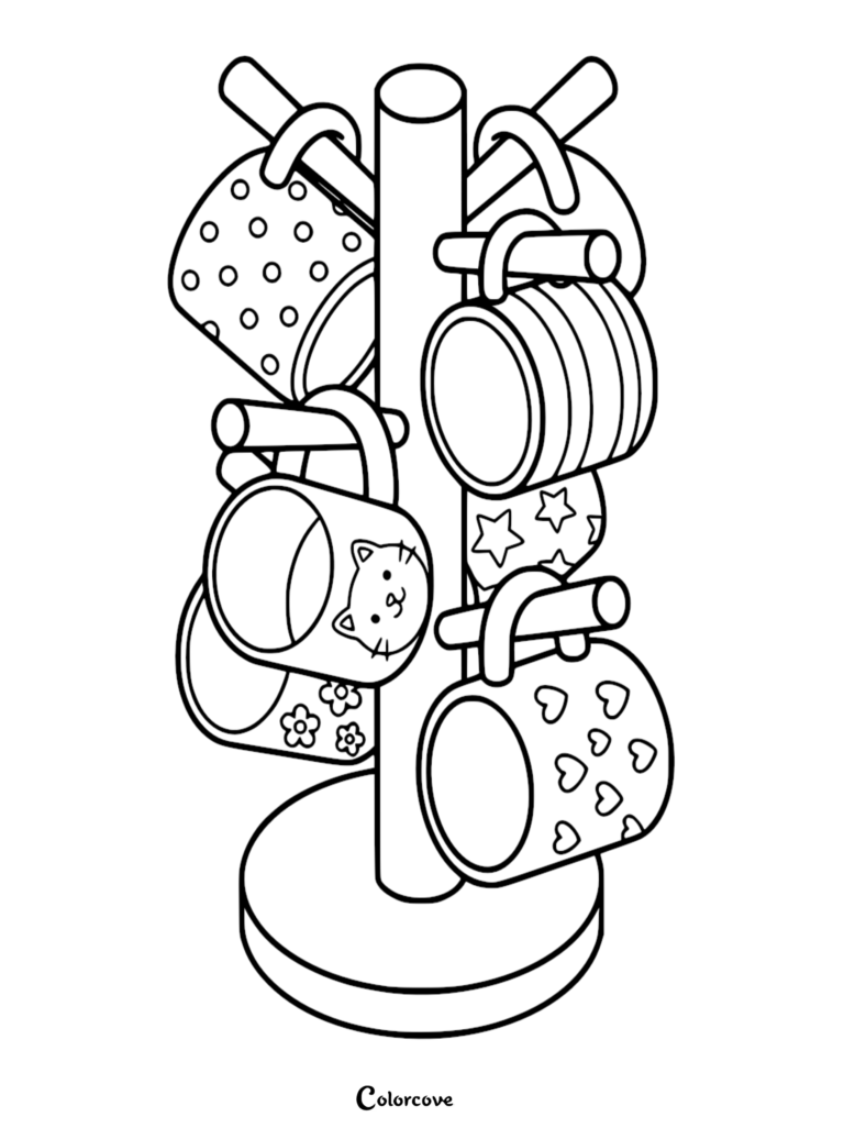 A mug tree coloring page featuring five unique cups decorated with polka dots, stripes, stars, a cat face, and hearts.