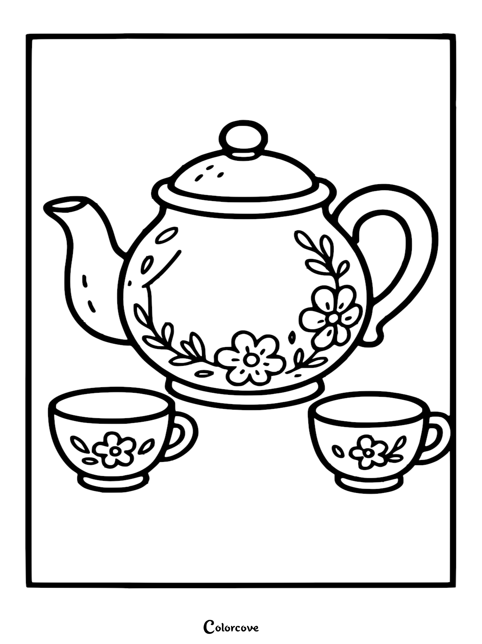 A simple line art coloring page featuring a round teapot decorated with flowers and two matching teacups.