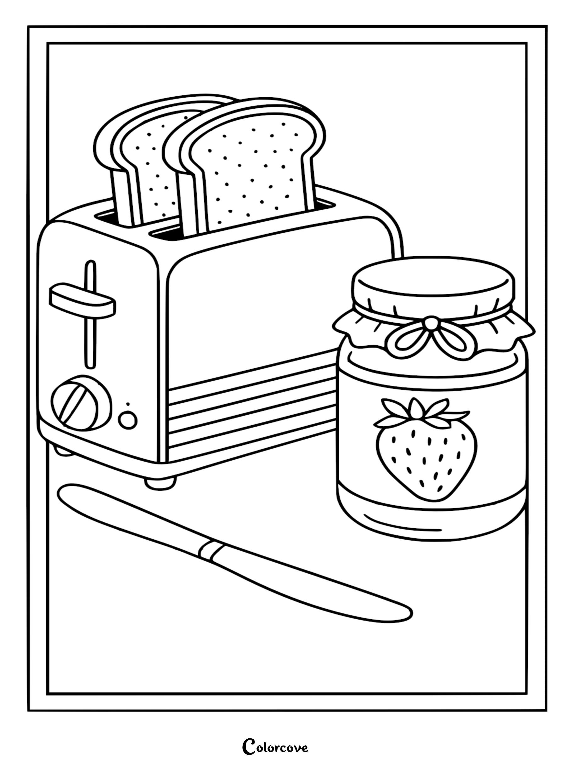 A simple coloring page featuring a two-slice toaster with bread, a jar of strawberry jam with a bow, and a butter knife.