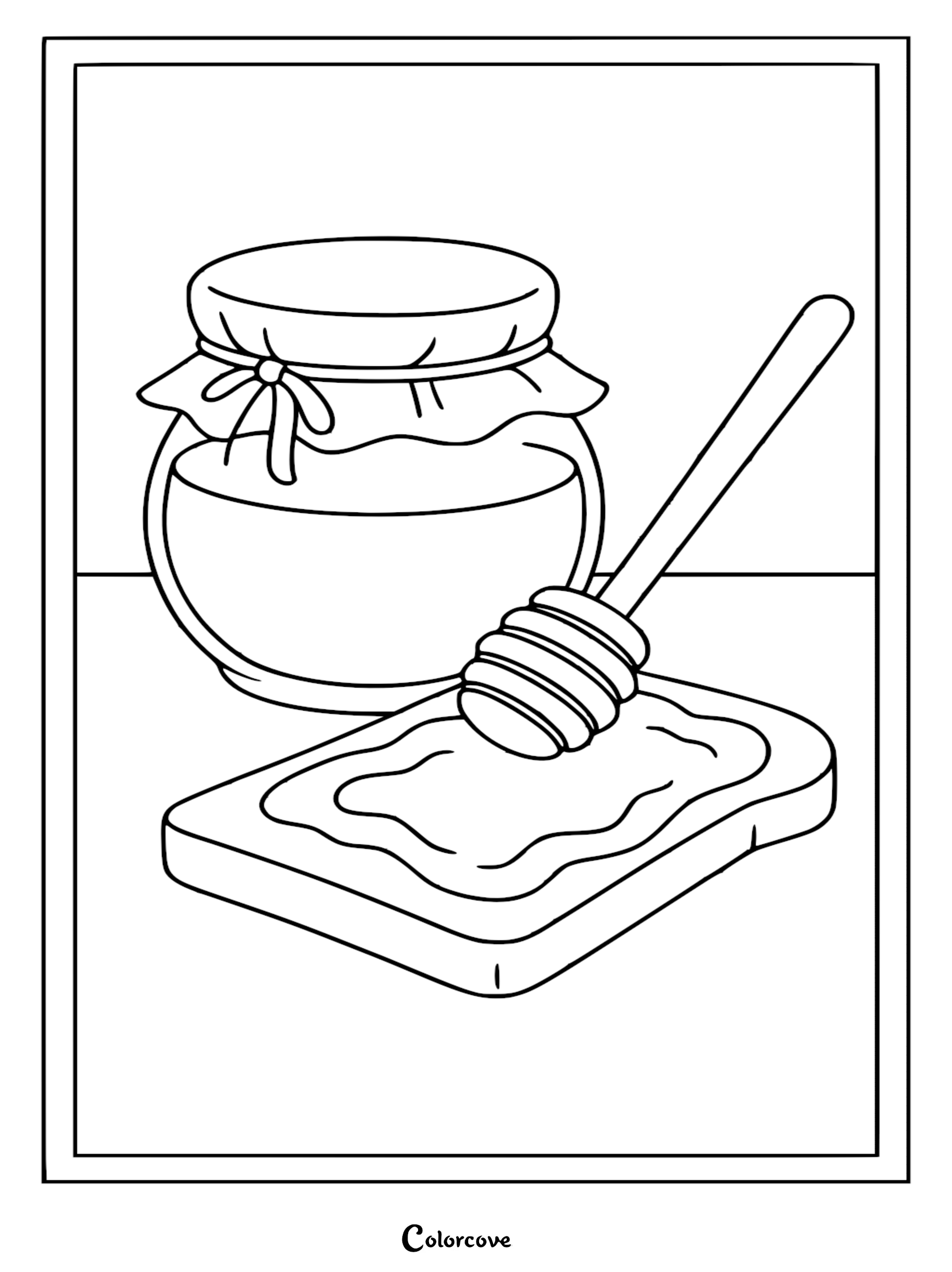 A printable coloring page featuring a glass jar of honey with a cloth lid and a wooden honey dipper resting on a slice of buttered toast.