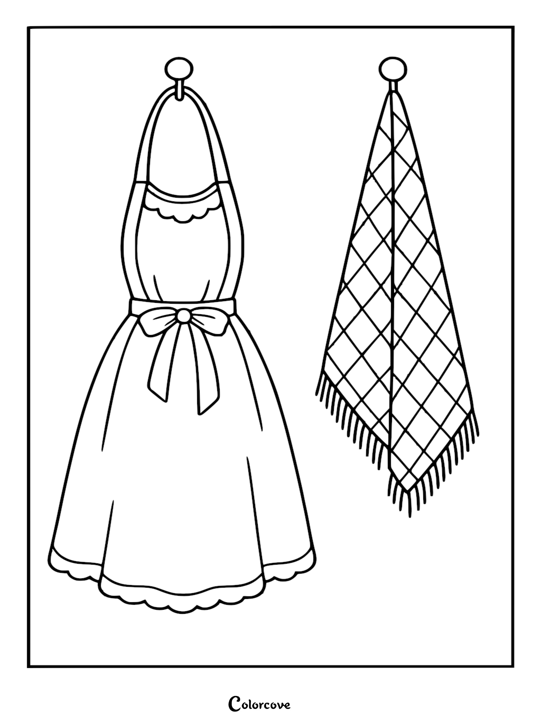 A printable coloring page featuring a ruffled apron with a bow and a checkered fringed kitchen towel hanging on wall hooks.