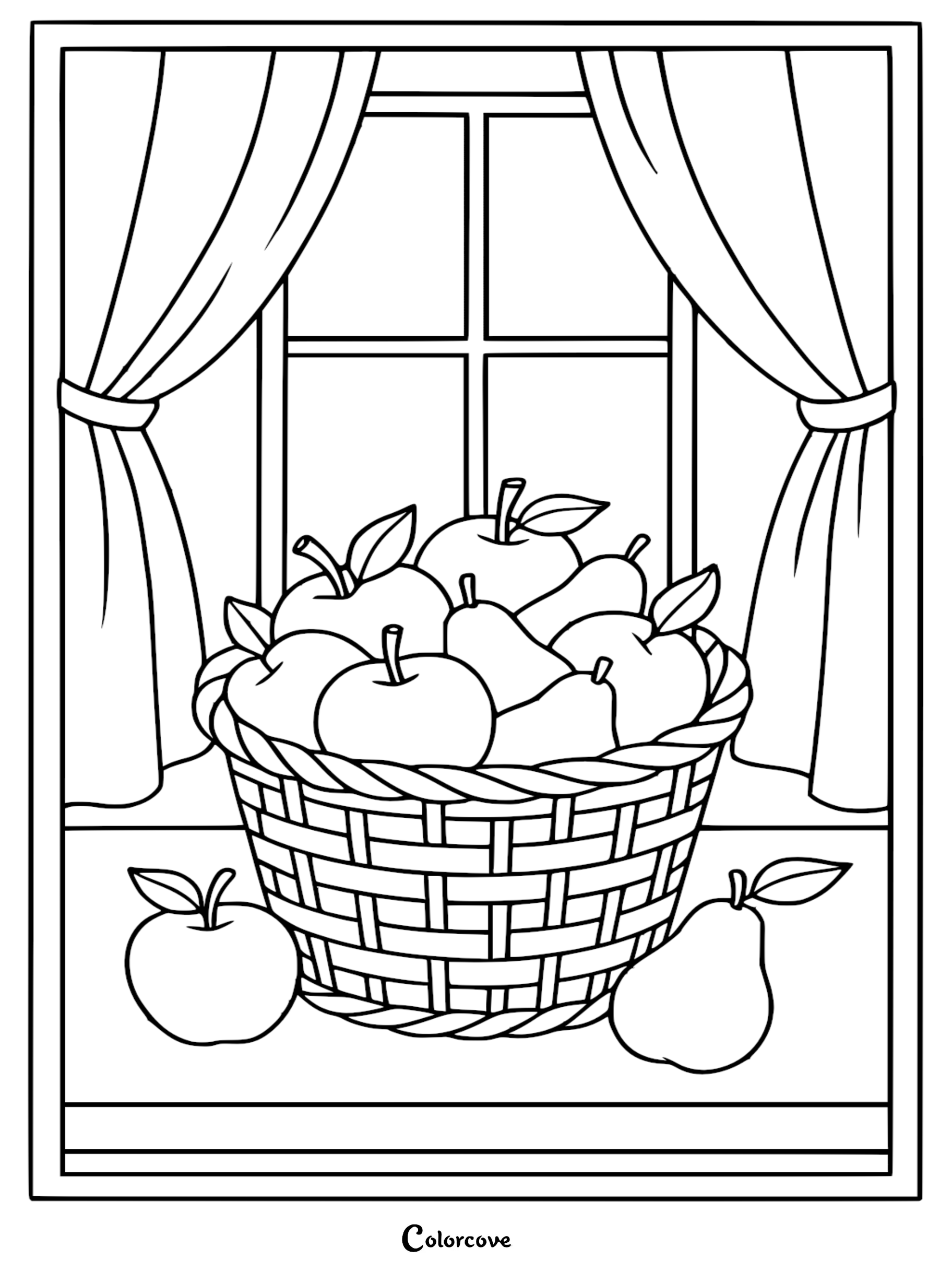 A cozy kitchen coloring page featuring a woven basket filled with apples and pears sitting on a windowsill with curtains.