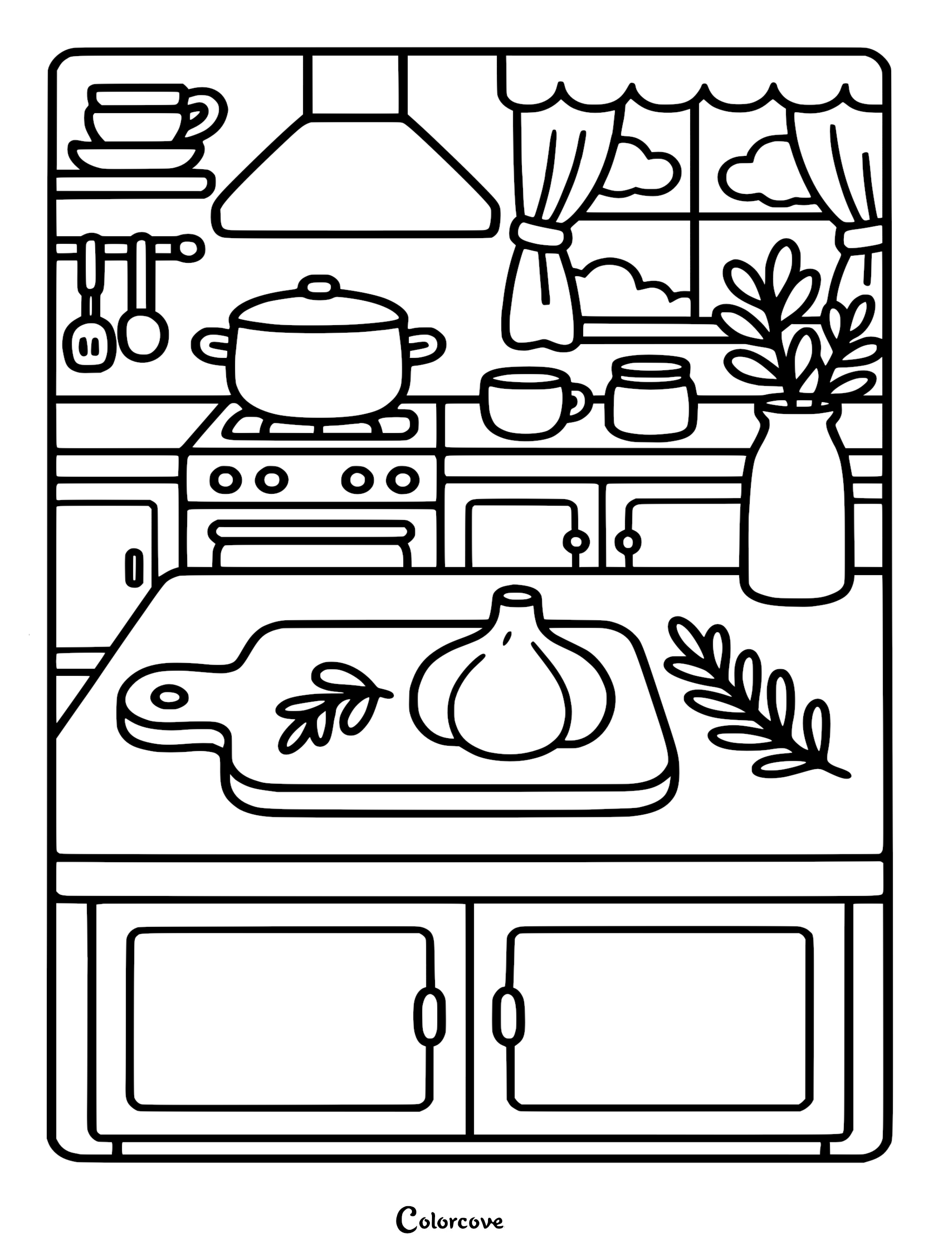 A cozy kitchen coloring page featuring a bulb of garlic on a wooden cutting board, a stove with a pot, and a vase of greenery on the counter.