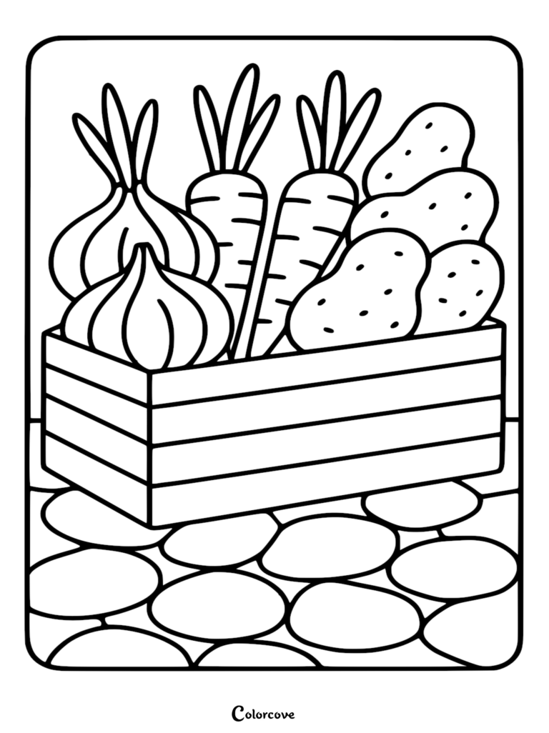 A coloring page featuring a wooden crate filled with onions, carrots, and potatoes sitting on a cobblestone floor.