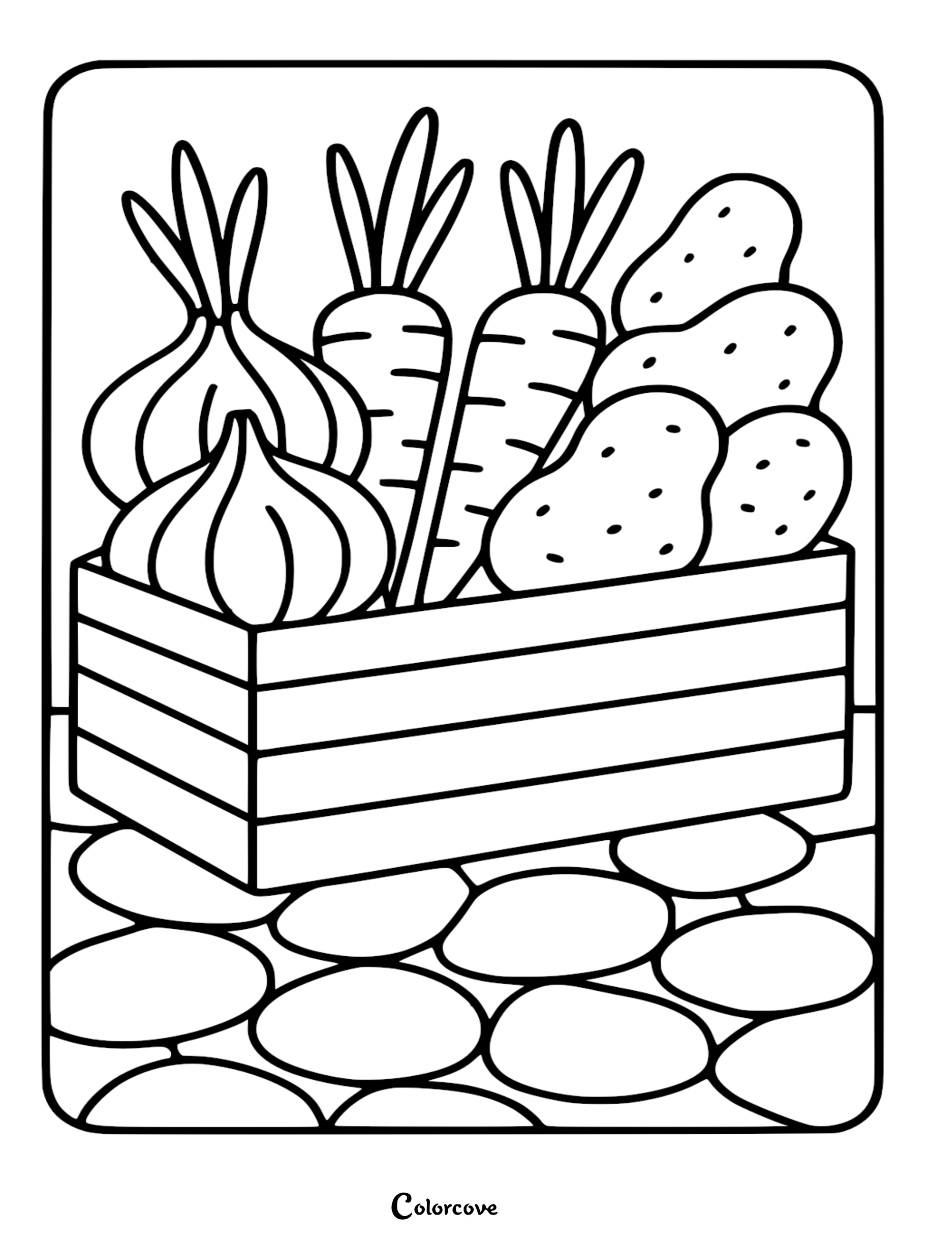 A coloring page featuring a wooden crate filled with onions, carrots, and potatoes sitting on a cobblestone floor.