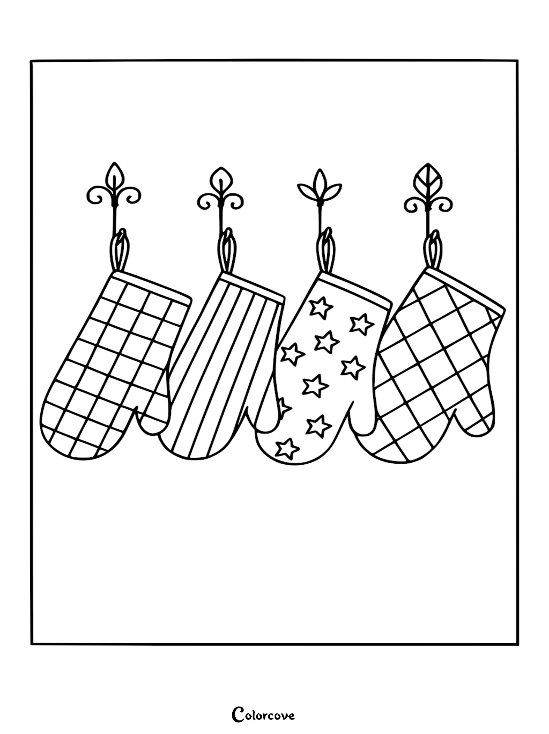 Four decorative oven mitts with plaid, striped, and star patterns hanging from metal hooks in this cozy kitchen coloring page.