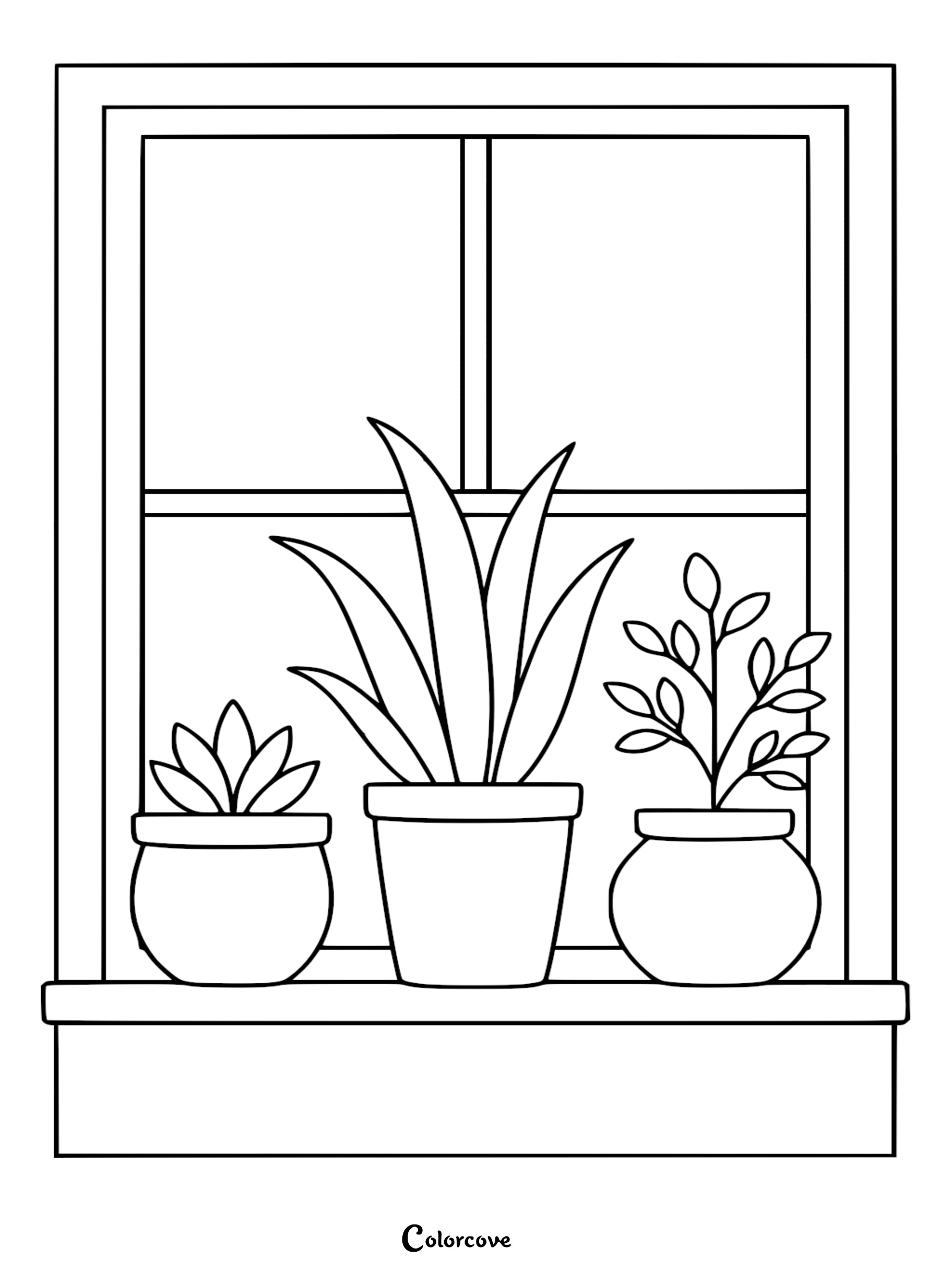 Three potted houseplants on a kitchen windowsill in a line art coloring page style.