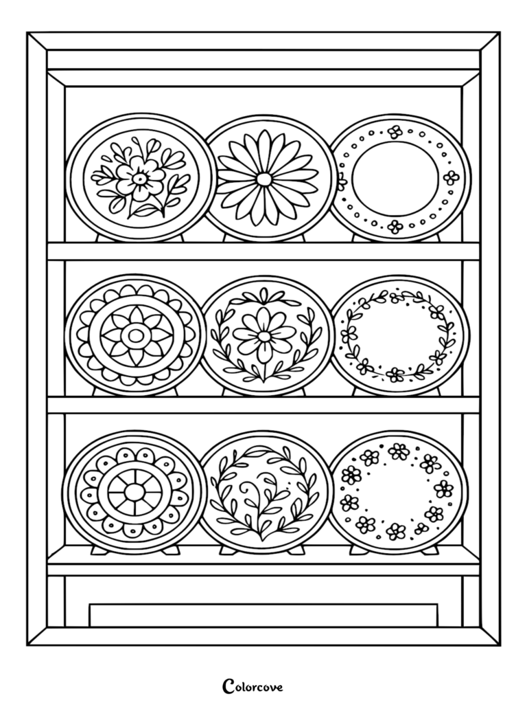 A coloring page featuring a wooden hutch shelf filled with nine decorative plates, each displaying unique floral and geometric patterns.