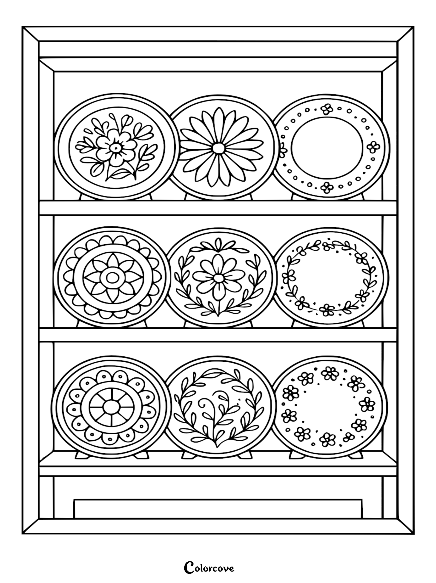 A coloring page featuring a wooden hutch shelf filled with nine decorative plates, each displaying unique floral and geometric patterns.