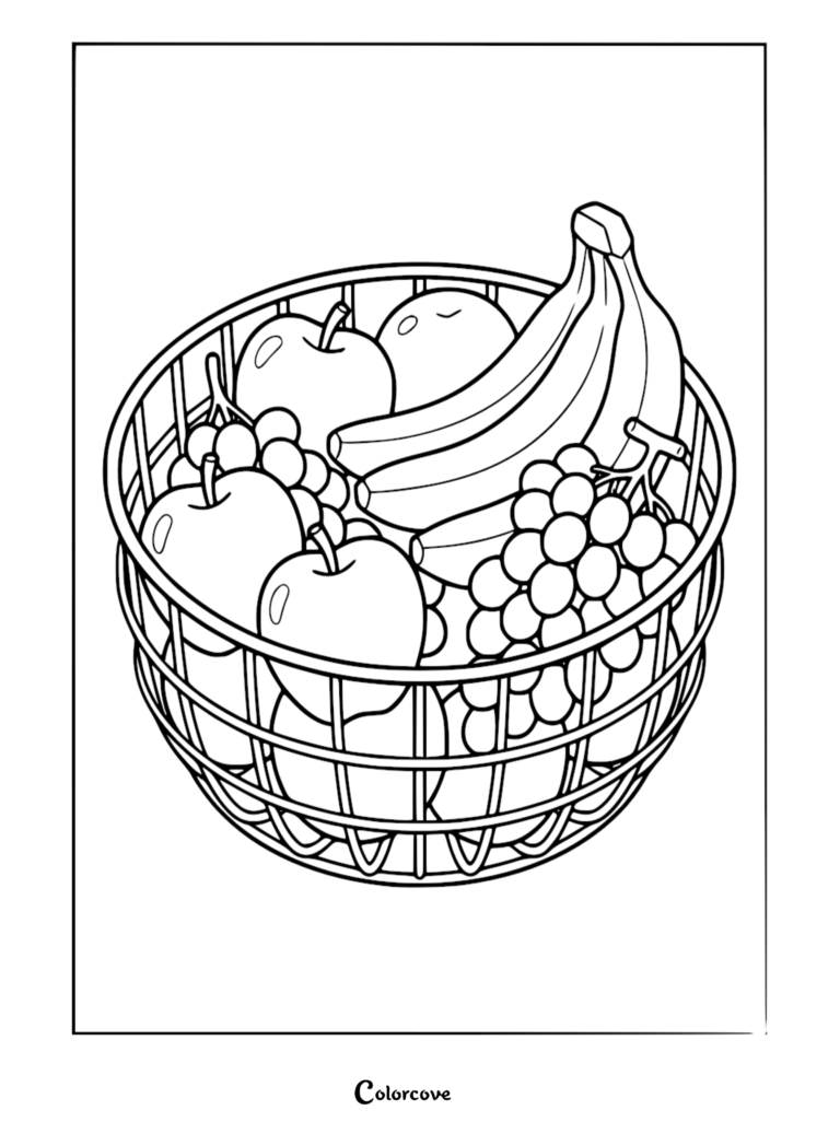 A printable coloring page featuring a wire basket filled with apples, a bunch of bananas, and grapes.