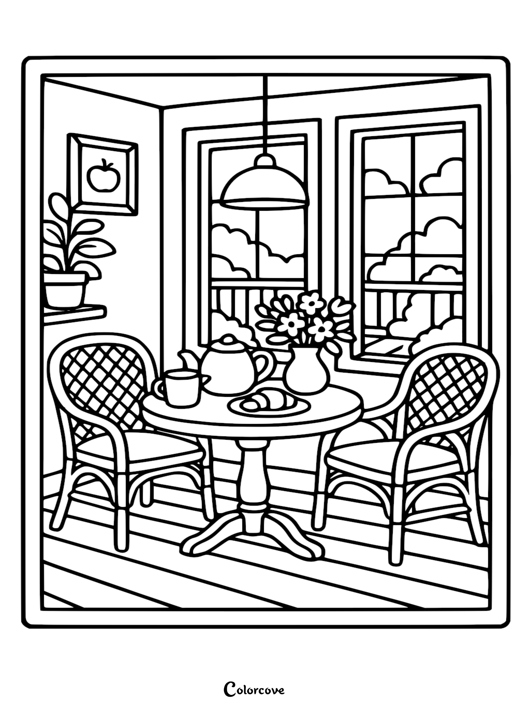 A cozy kitchen breakfast nook coloring page featuring a round table with a teapot, mug, and croissant, two wicker chairs, a vase of flowers, and a window view.