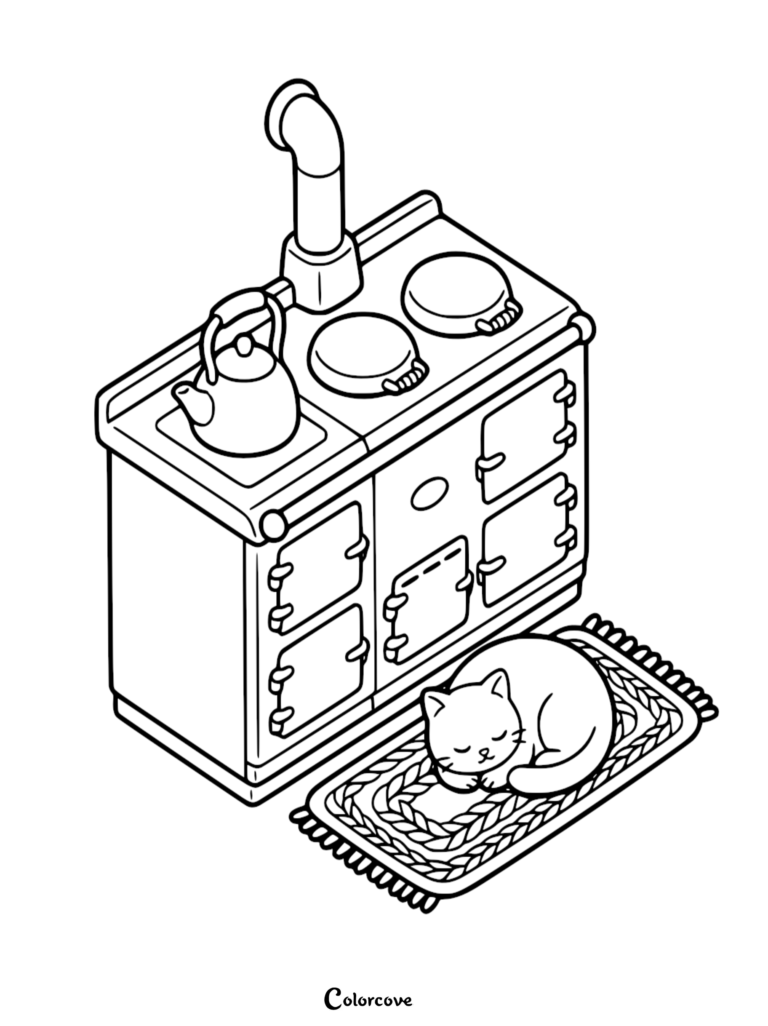 A line art coloring page featuring an isometric vintage wood stove with a kettle on top and a cat sleeping on a braided rug.
