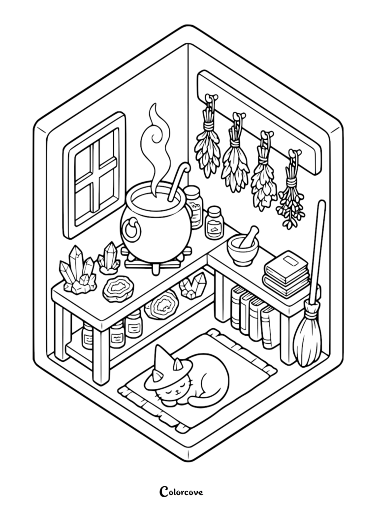 Isometric coloring page of a witch kitchen featuring a steaming cauldron, hanging herbs, crystals, books, and a cat wearing a witch hat sleeping on a rug.