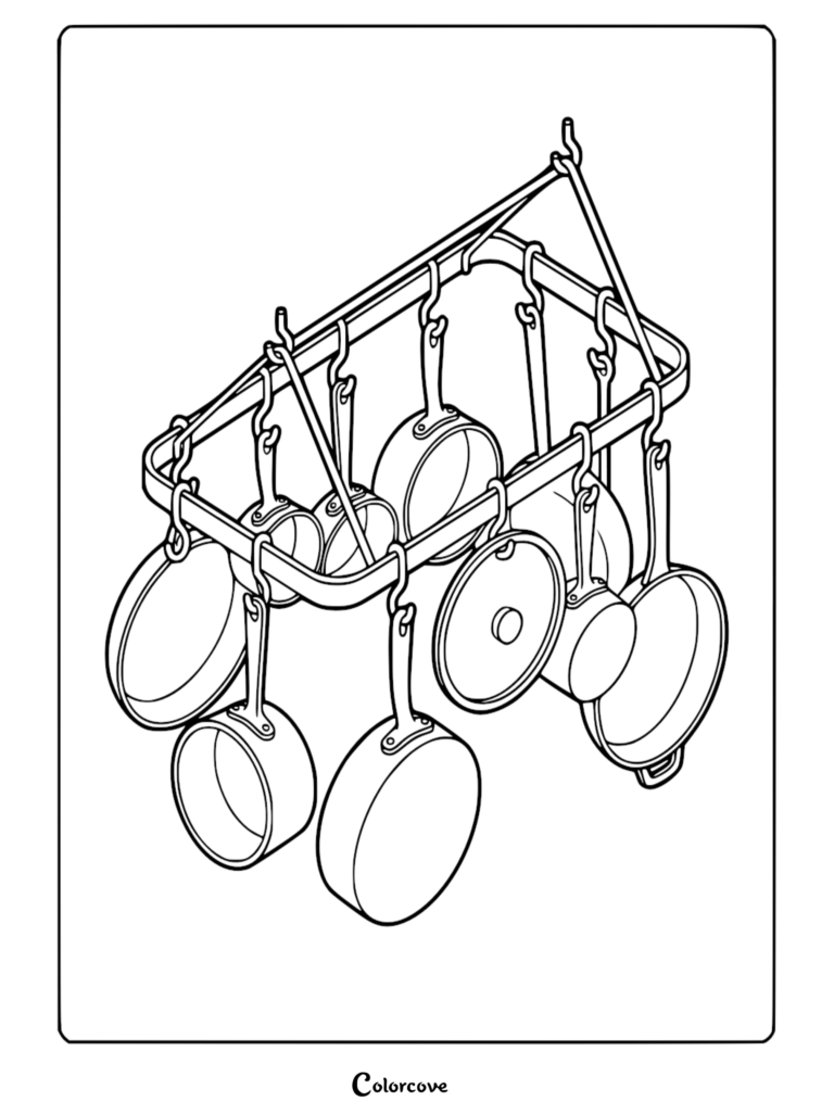 A line art coloring page featuring a rectangular kitchen pot rack suspended from a hook, holding various frying pans, saucepans, and lids.