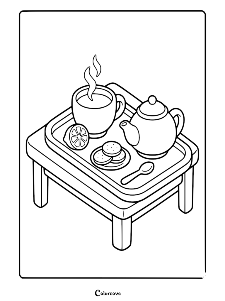 A cozy kitchen coloring page featuring a steaming cup of tea, a teapot, a lemon slice, and cookies on a small table.