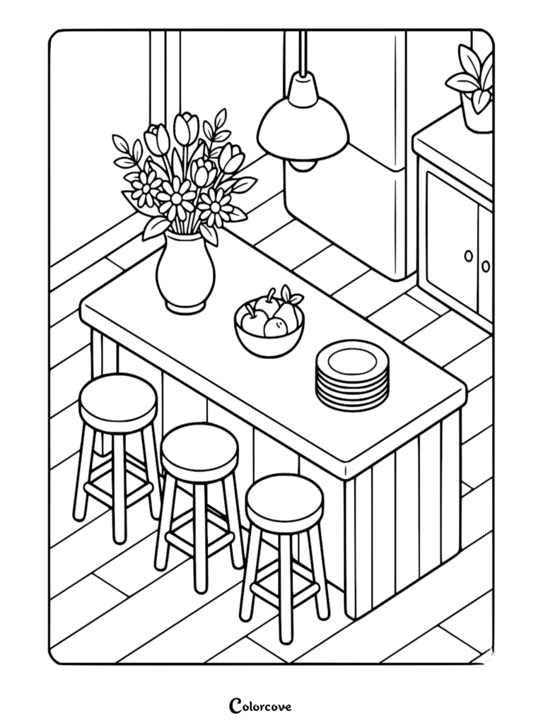Isometric view of a kitchen island with a vase of flowers, a bowl of fruit, and a stack of plates, featuring three wooden stools, presented as a printable coloring page.