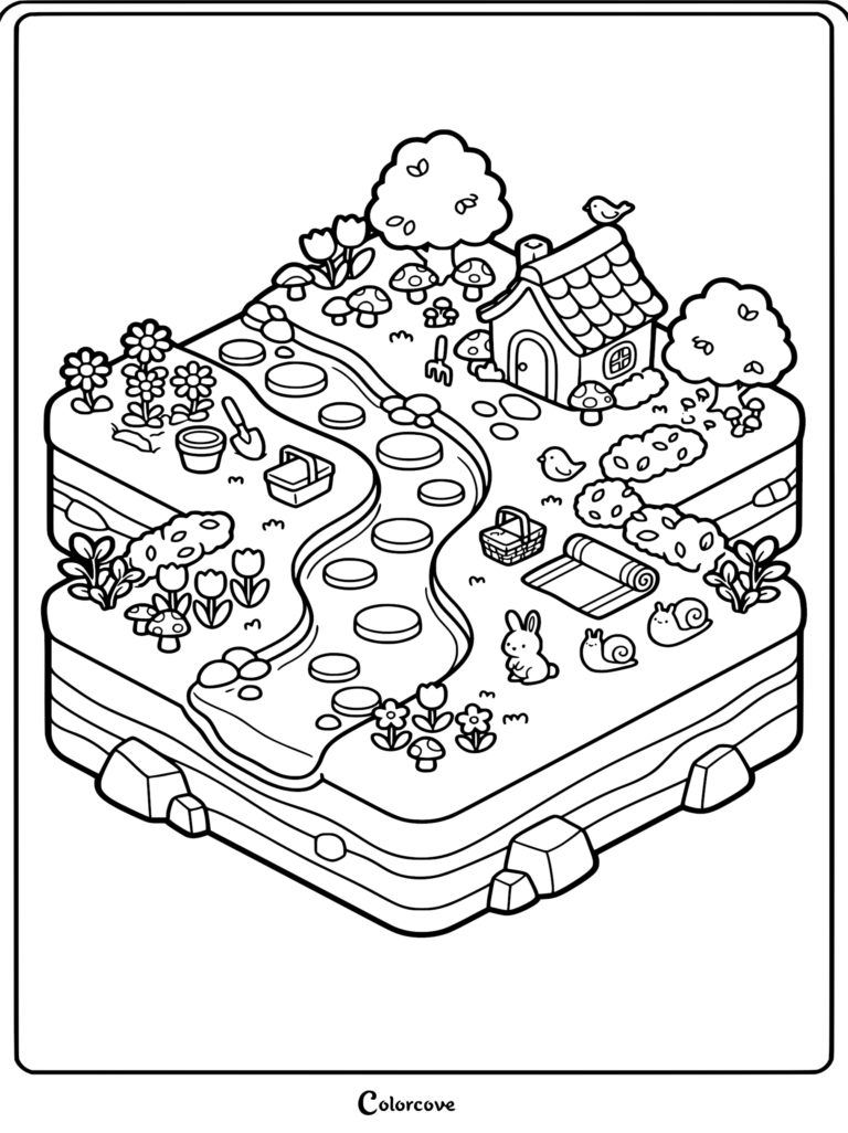 Isometric view coloring page featuring a winding stone path through a garden, a small cottage, a bunny, snails, flowers, and picnic supplies.