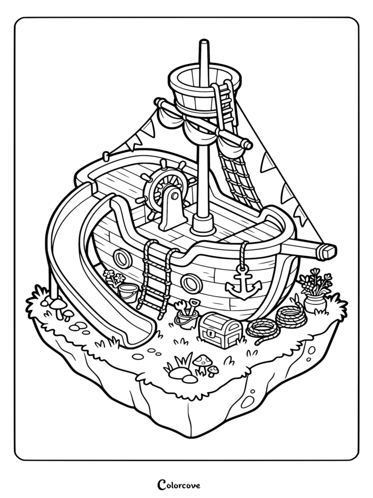 A printable coloring page of an isometric pirate ship playground with a slide, steering wheel, anchor, treasure chest, and rope on a grassy cliffside island.