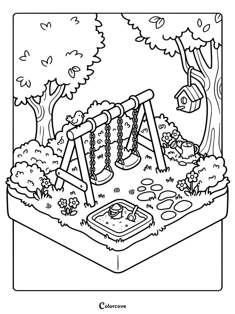A printable coloring page featuring a cozy playground scene with swings, a sandbox, and a birdhouse tucked into a lush garden with trees and flowers.