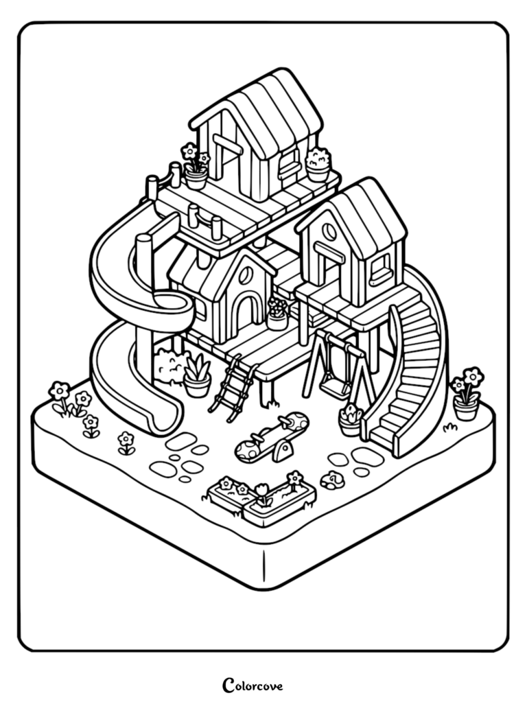 Multi-level treehouse playground with slide, swing, and seesaw features.