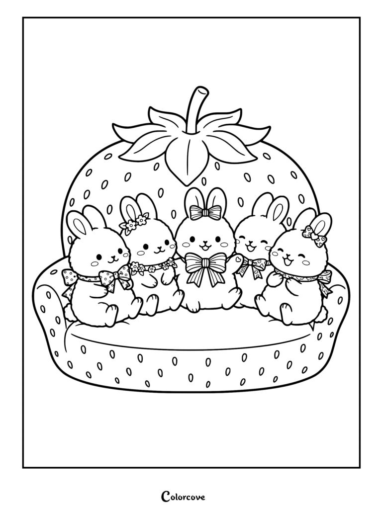 Five cute bunnies wearing bows and floral accessories sitting together on a strawberry-shaped cozy sofa coloring page.