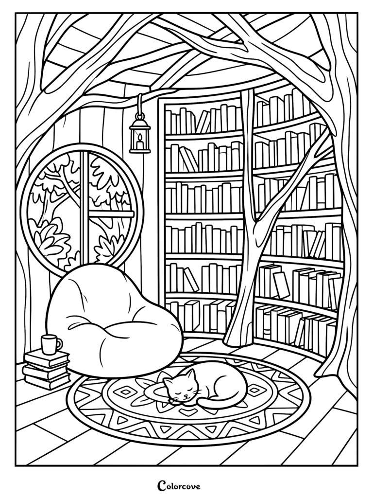 A cozy treehouse library coloring page featuring a sleeping cat on a patterned rug, a beanbag chair, and floor-to-ceiling bookshelves under tree branches.