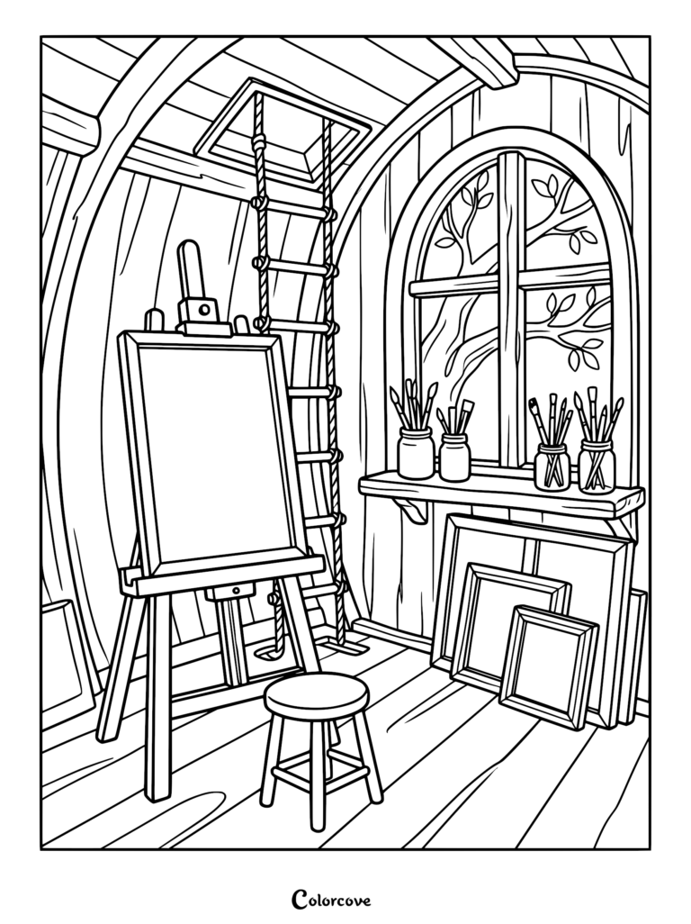 A cozy treehouse art studio coloring page featuring an empty easel, a wooden stool, jars of paintbrushes, and framed canvases near a large arched window with tree branch views.