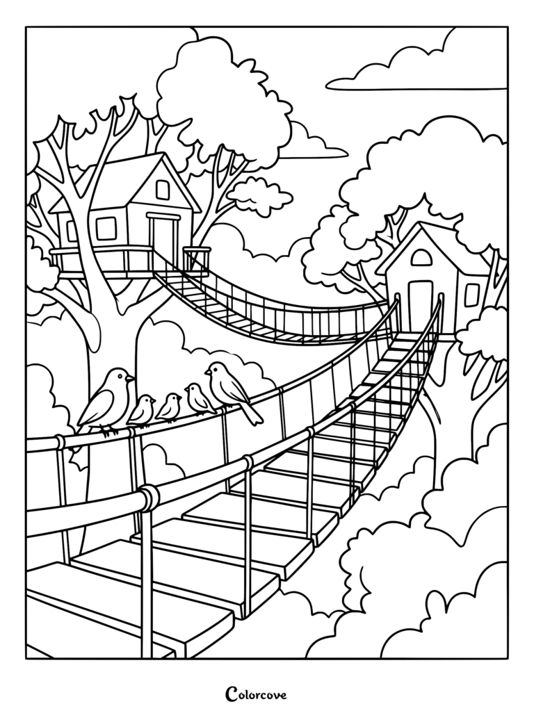 A printable coloring page featuring two wooden treehouses connected by a rope bridge, with a family of five birds perched on the railing.