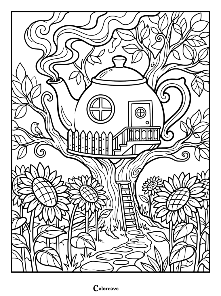 A whimsical teapot-shaped treehouse coloring page featuring a steaming spout, a picket fence balcony, a ladder, and large sunflowers in the foreground.