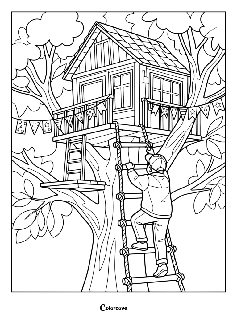 A boy in a cap climbing a rope ladder to a decorated treehouse, printable coloring page.